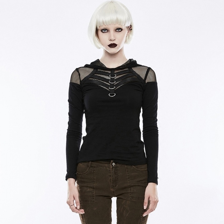 Gothic Punk Fishnet Hooded Long Sleeves Top