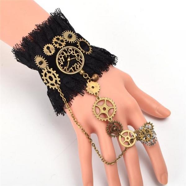 [$10.30]Steampunk Lolita Vintage Gear Finger Ring Lace Bracelet
