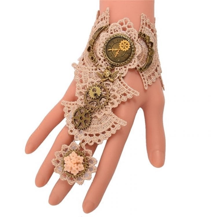 Steampunk Gothic Lolita Scalloped Lace Gear Clock Finger Ring Lace Bracelet