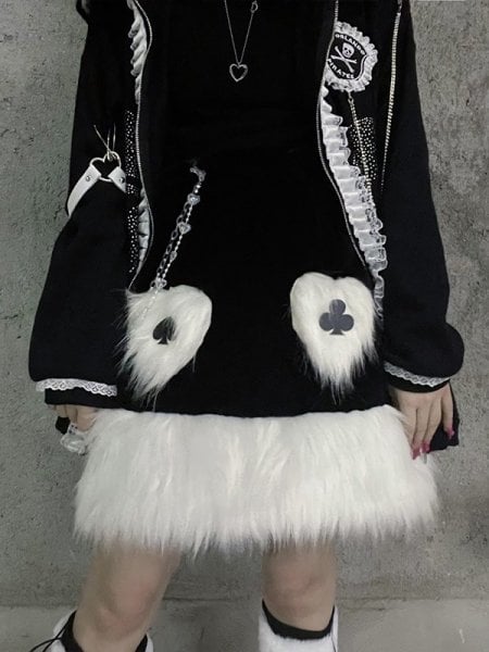 [$42.00]Punk Y2K Elastic Waist Heart-shaped Plush Front Mini Skirt