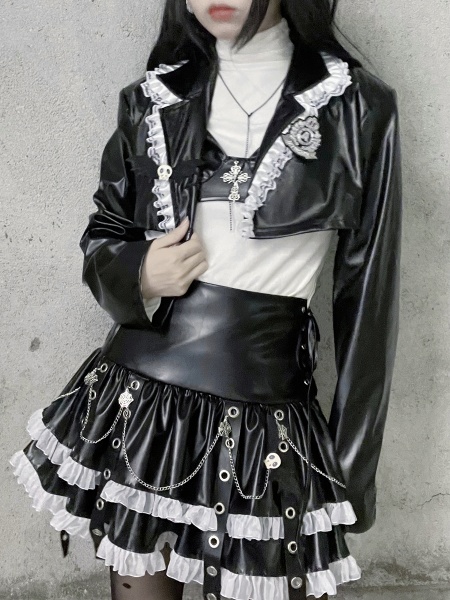 [$64.50]Y2K Gothic Lapel Collar PU Leather Cropped Jacket and Cami Top Set