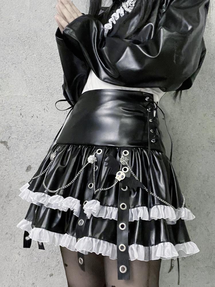 Y2K Punk Eyelet Lace-up PU Leather Tiered Skirt