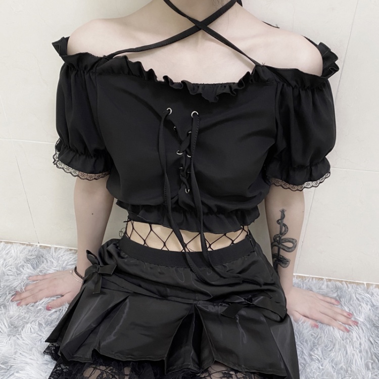 Y2K Black Off-the-shoulder Neckline Short Puff Sleeves Cropped Top with ...