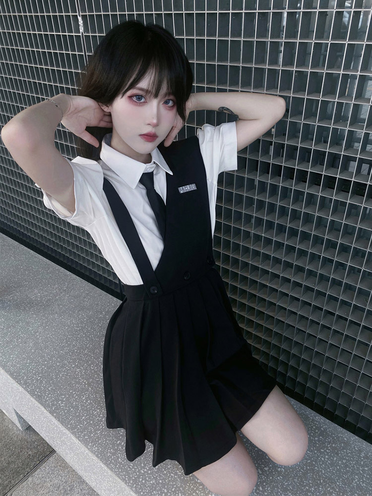 [$36.90]JK Short Puff Sleeves Shirt with Tie / Overall Pleated Skirt Full  Set