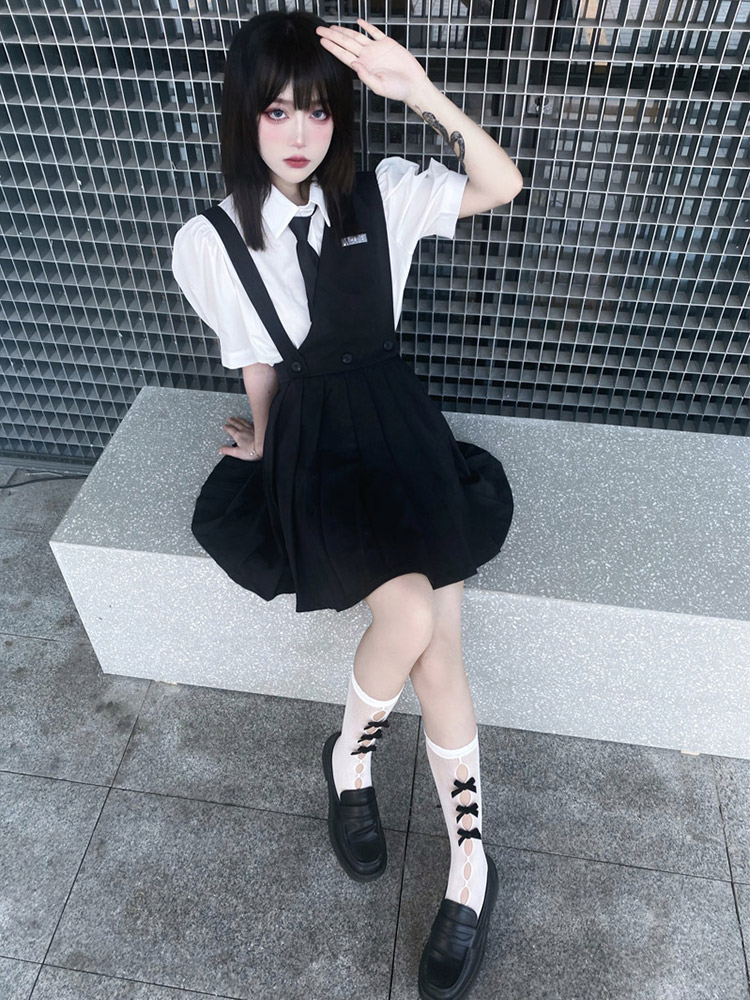 [$36.90]JK Short Puff Sleeves Shirt with Tie / Overall Pleated Skirt Full  Set