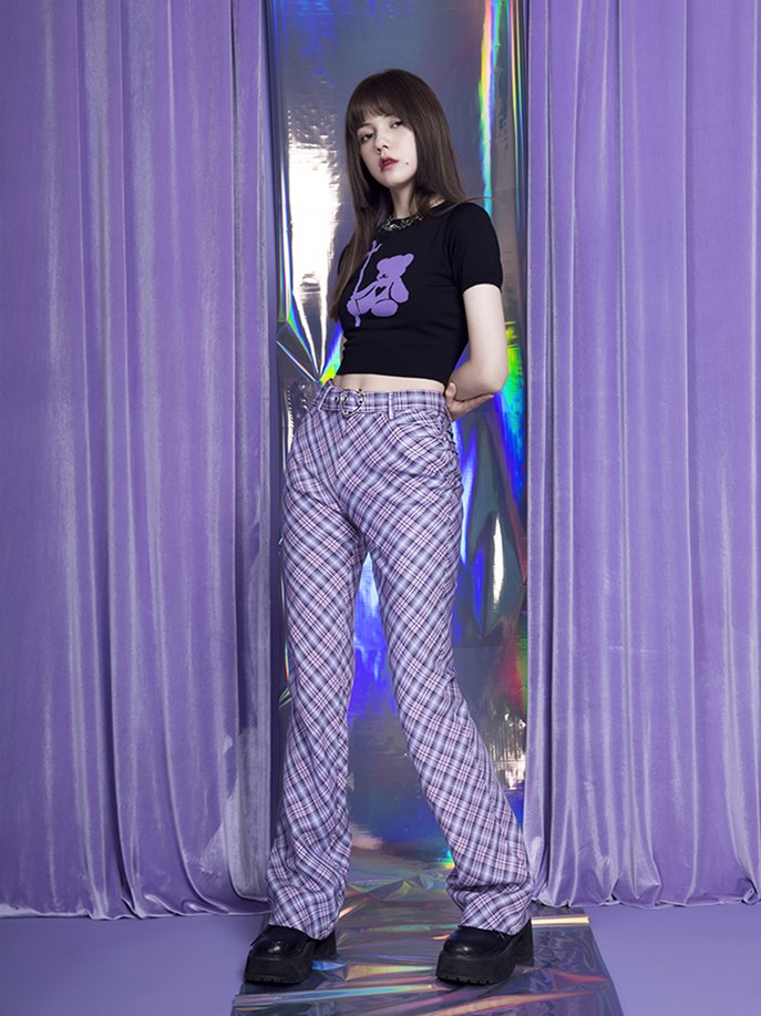 Electro-optical Purple Plaid High Waist Flared Pants