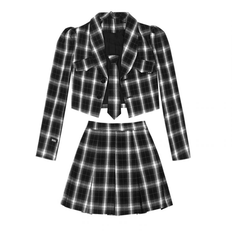 Black and White Plaid Lapel Collor Long Puff Sleeves Jacket / Skirt Set