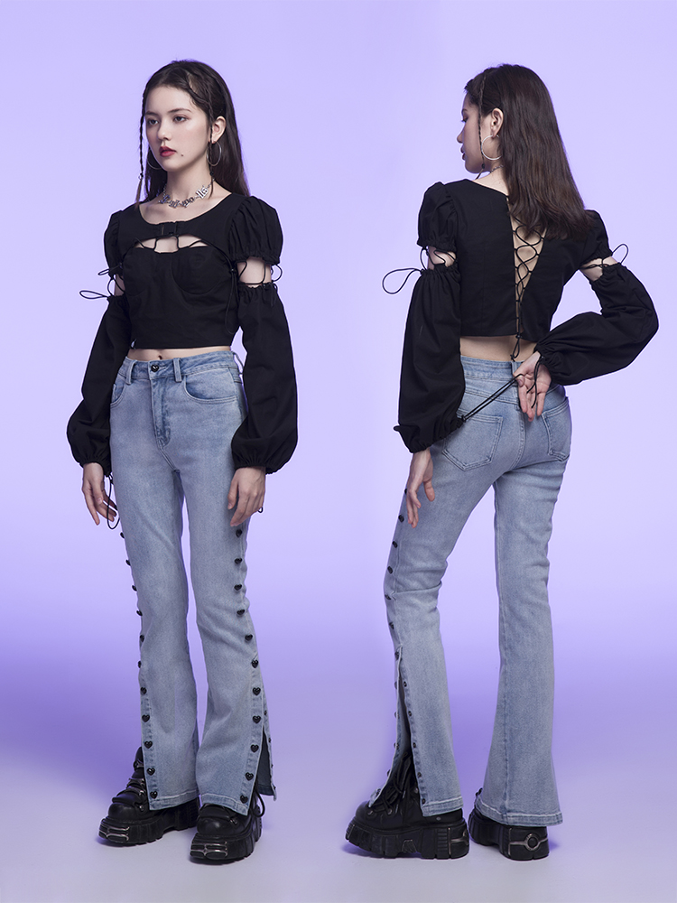 Experimental Product Round Neckline Hollow Long Sleeves Top