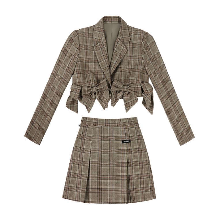 Vintage Brown Plaid Lapel Collar Long Sleeves Bowknot Decorative Short Jacket / Skirt Set