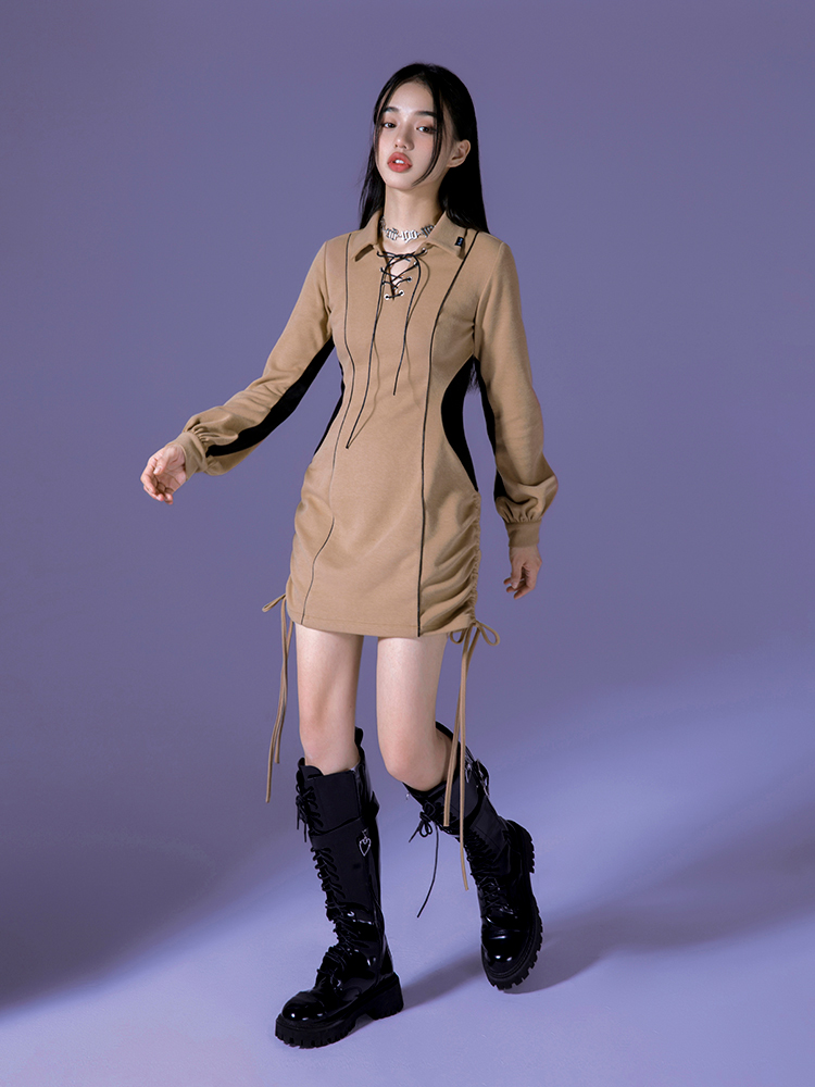 Y2K Turndown Collar Long Sleeves Drawstring Hem Dress