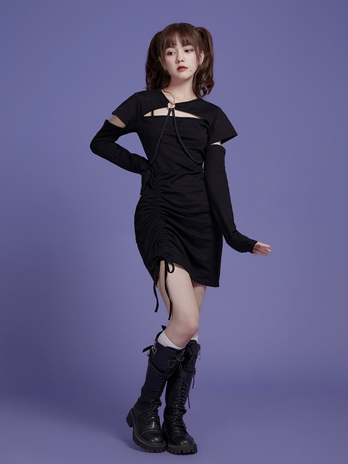Black Round Neckline Hollow Long Sleeves Mini Dress