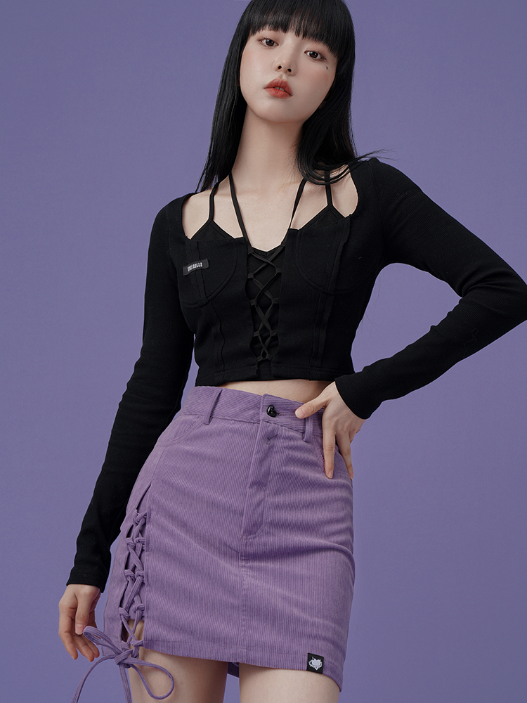 Y2K Square Neckline Long Sleeves Fake Two-pieces Knitted Top