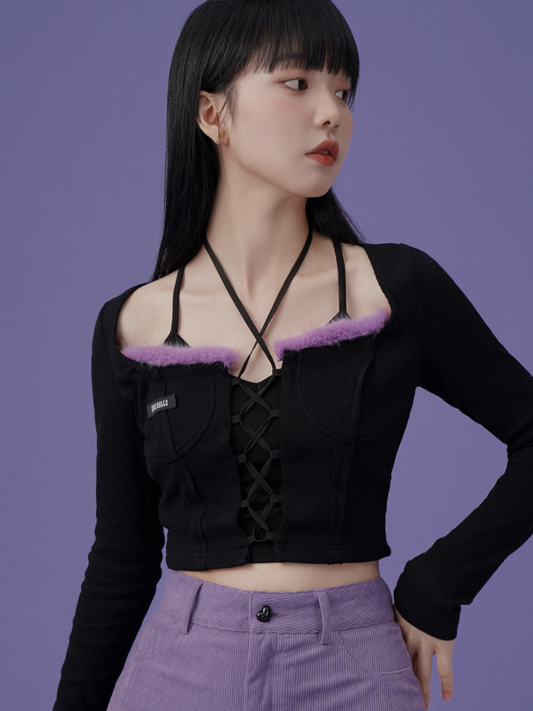 Y2K Square Neckline Long Sleeves Fake Two-pieces Knitted Top