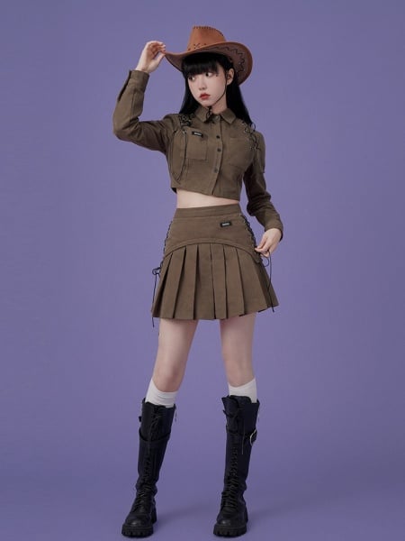 [$44.75]Brown Y2K Turndown Collar Long Sleeves Cropped Top / Skirt Set