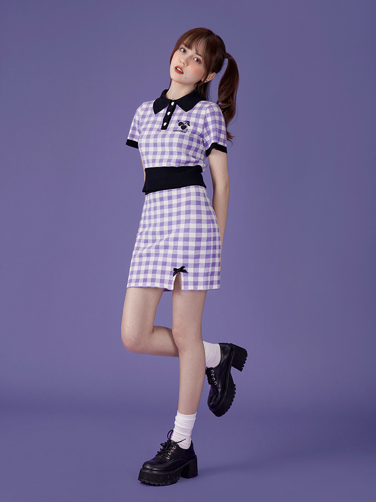 Purple Plaid Pattern Polo Shirt And Skirt Set