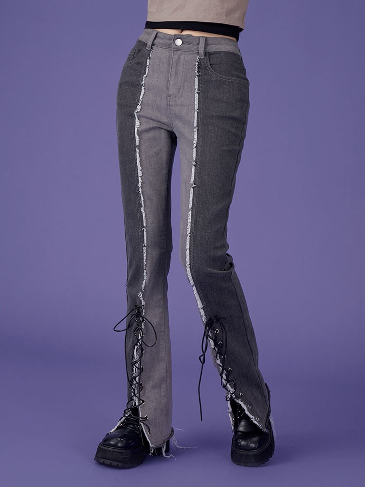 Dark Gray Stitching Design High Waist Jeans