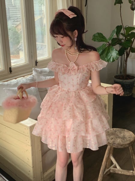 [$49.75]Peach Blossom Bloom Floral Print Summer Dress