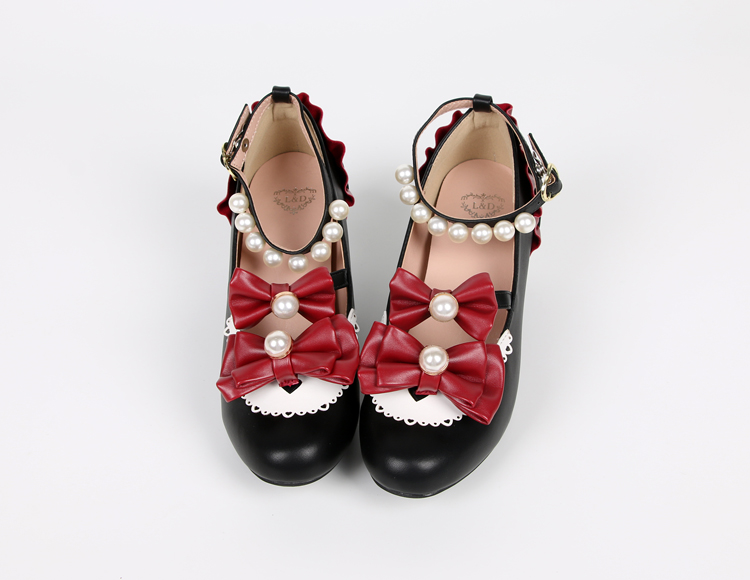 Removable Bowknots Waltz Ankle Beads Decorated Strap PU Lolita Shoes