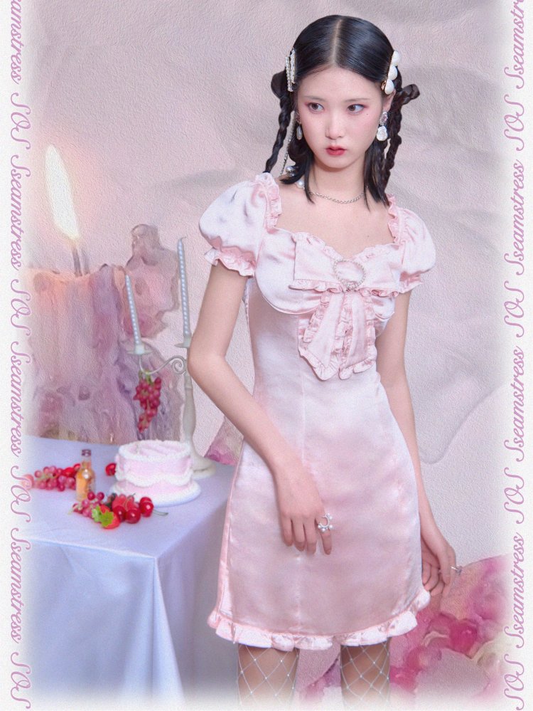 Pink / Light Blue Short Puff Sleeves Bowknot Decorative Dress