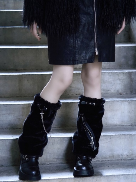 [$19.00]Handmade Black Subculture Faux Fur Zipper Front Gothic Lolita Legwears