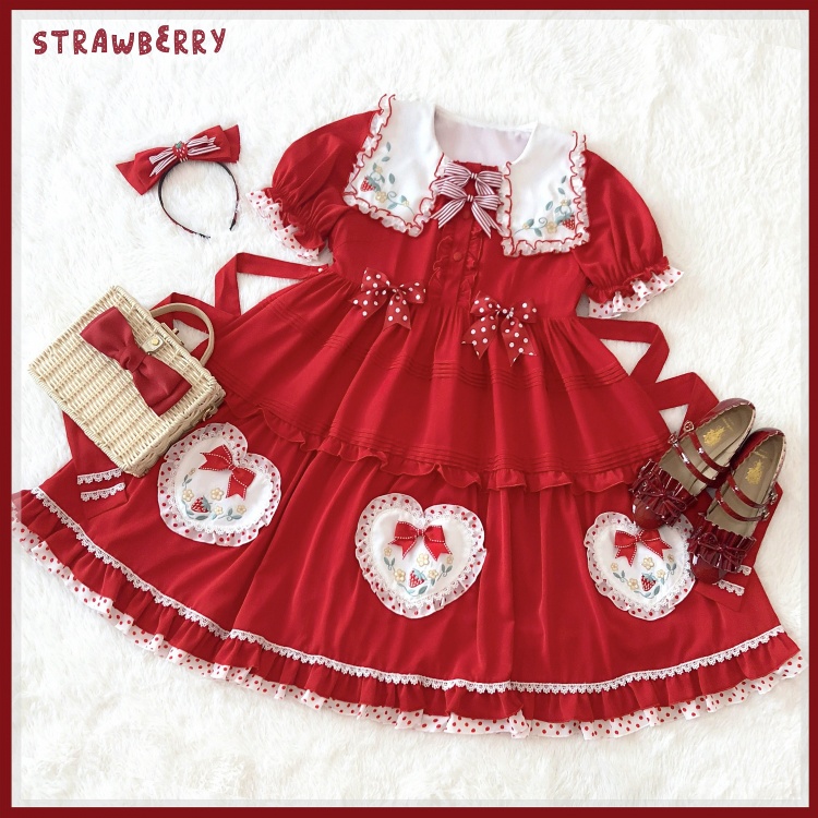 Strawberry Diary Short Puff Sleeves Sweet Lolita Dress OP Set