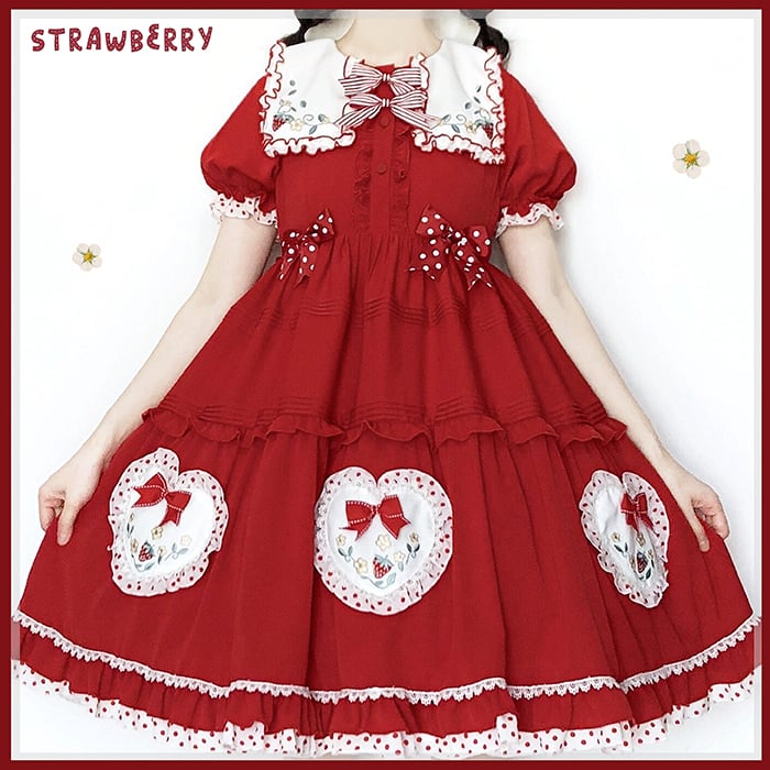 Strawberry Diary Short Puff Sleeves Sweet Lolita Dress Op Set