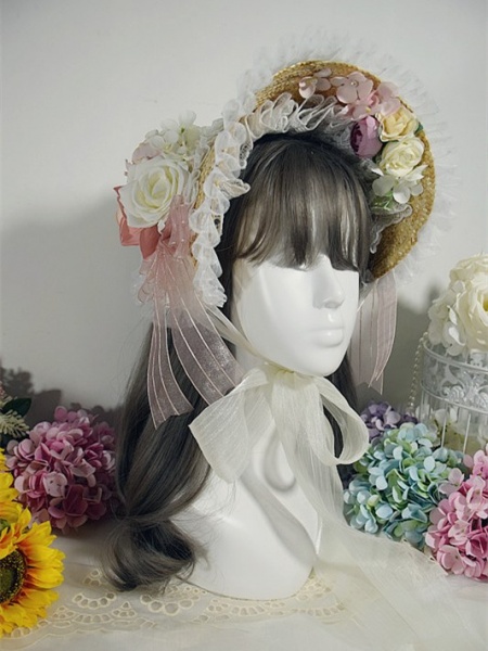 [$34.20]Handmade Elegant Lolita Rose Bowknot Straw Bonnet