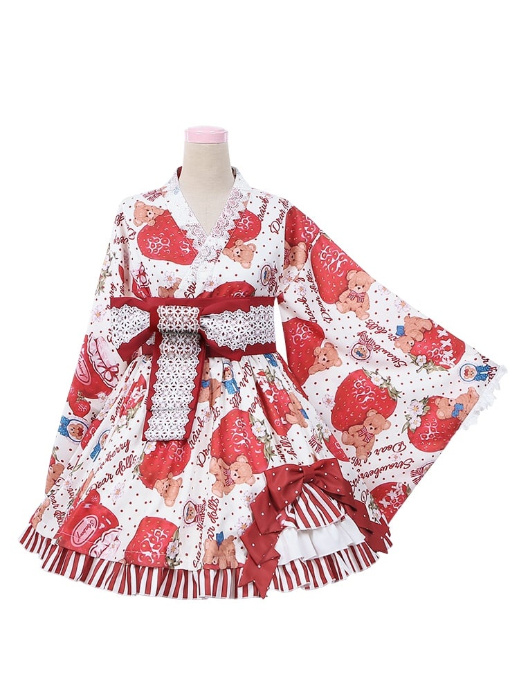 Teddy Strawberry Candy Polka Dot Yukata Kimono Wa Lolita Skirt Set