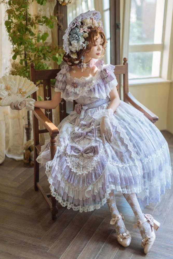 In Stock Key to the Fairyland Hime Lolita Dress Purple Flowy Short Lace Sleeves Lolita Dress Full Set