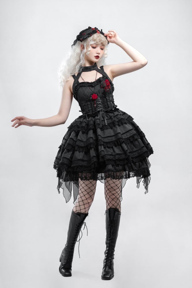 Rose Cemetery Gothic Kuro and Shiro Lolita JSK Halter Neckline Layered ...