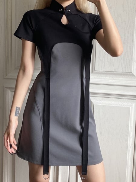 [$53.20]Cyberpunk Future Sense Two-pieces Stand Collar Short Sleeves Cropped Top and Cami Dress