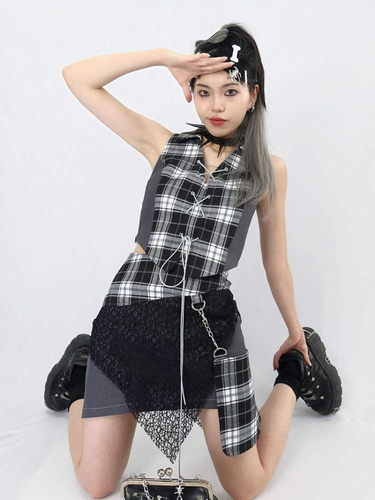 NO END Punk Black and White Plaid Lace Asymmetrical Skirt with ...