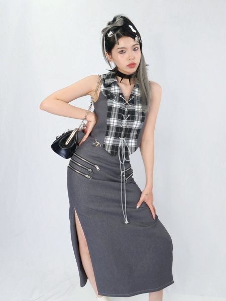 [$58.40]NO END Punk Zipper Double Slit Denim Skirt