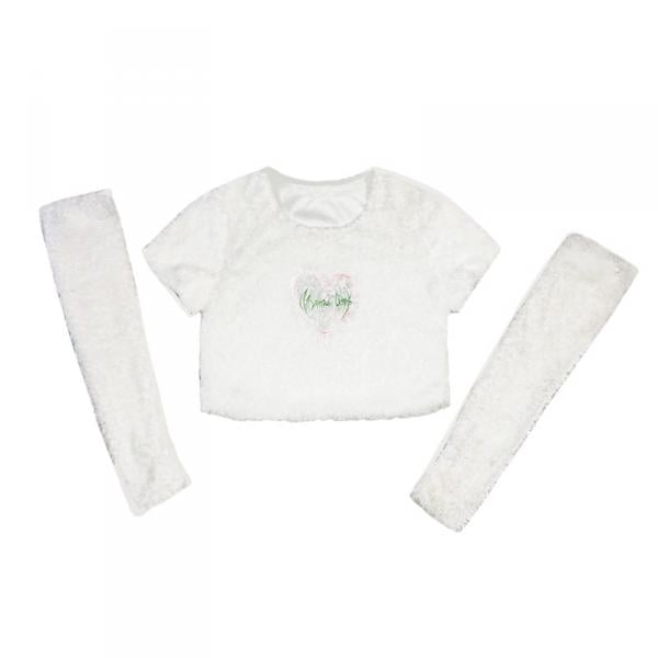 [$31.30]Y2K Round Neckline Short Sleeves Heart-shaped Embroidered Plush Top with Arm Warmer