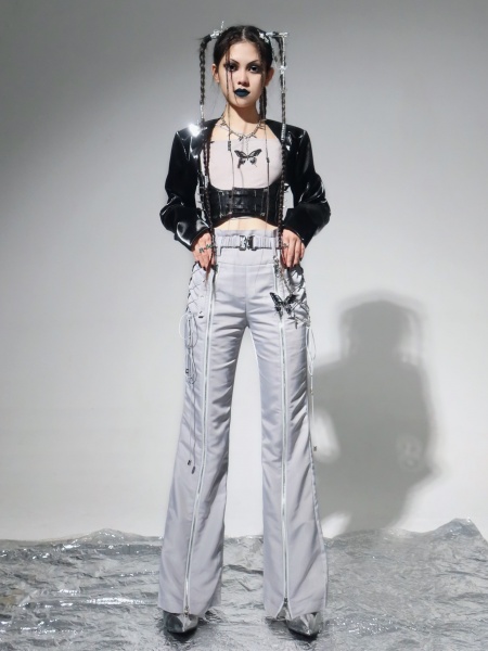 [$67.00]The Butterfly Effect Y2K High Waist Eyelet Lace-up Flared Pants with Waistbelt