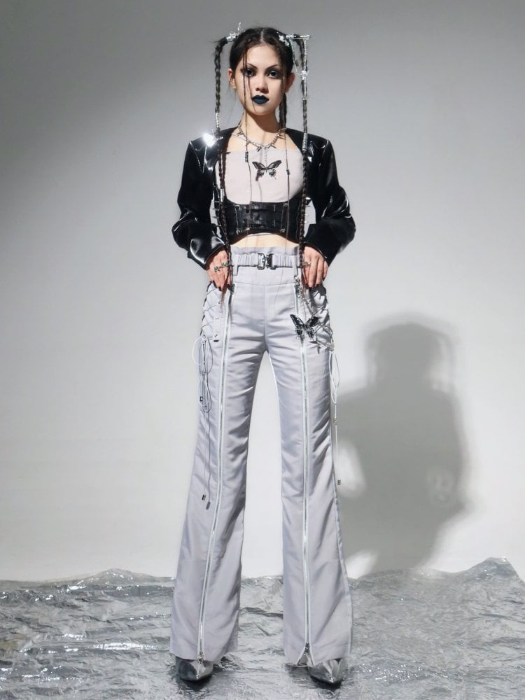 The Butterfly Effect Y2K High Waist Eyelet Lace-up Flared Pants with Waistbelt
