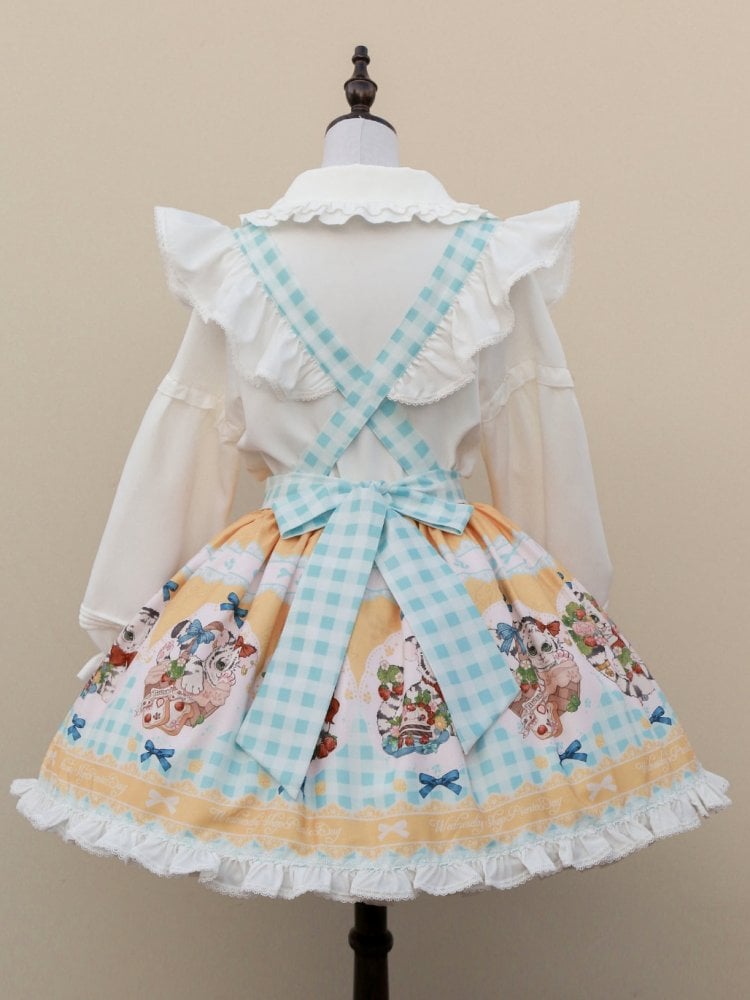 Picnic Day Yellow Plaid Kitty Print Ruffle Hem Lolita Overall Skirt