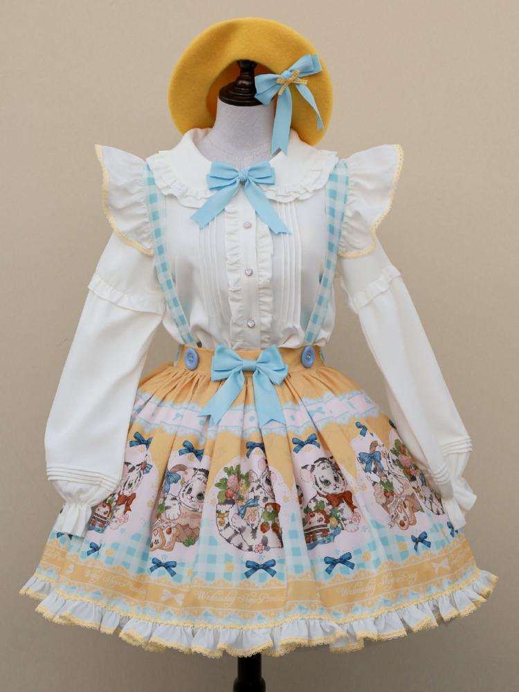 Picnic Day Yellow Plaid Kitty Print Ruffle Hem Lolita Overall Skirt