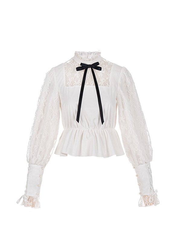 Wind High Neck Leg-of-mutton Sleeves Lace Blouse