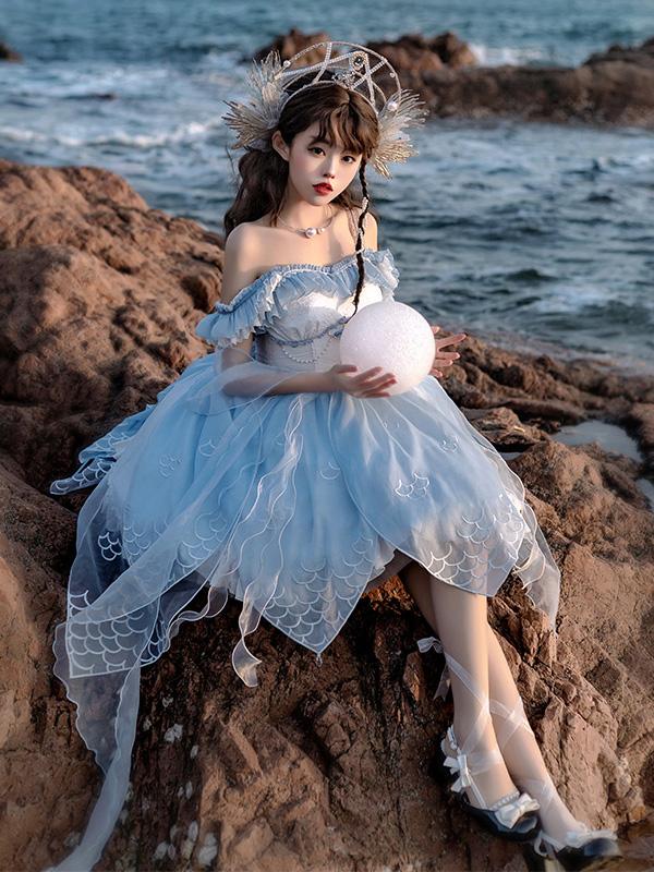 Sea Ruffled Straps Petal Skirt Lolita Dress JSK