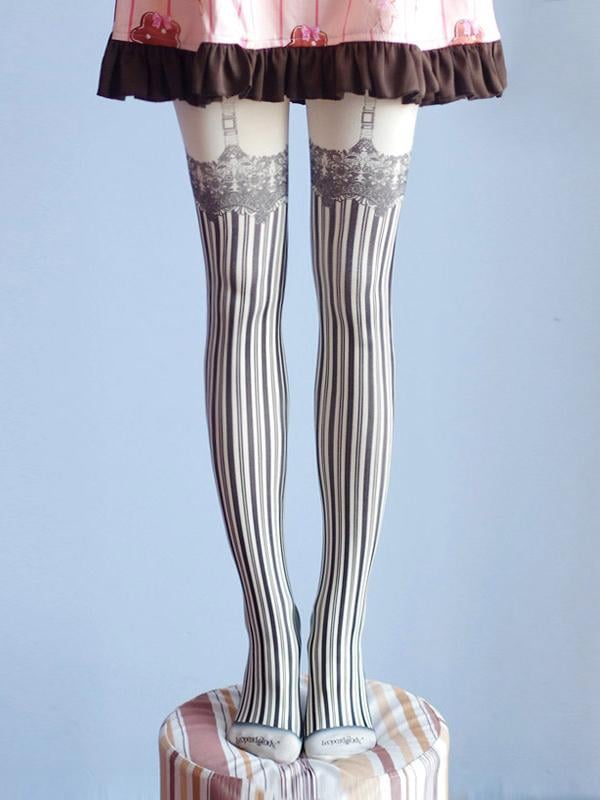Symmetrical Lace Prints Striped Punk Lolita Tights