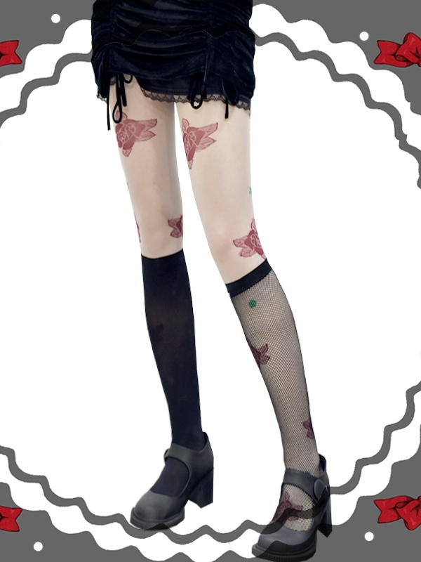 Red Rose Pattern White Lolita Tights with Stockings