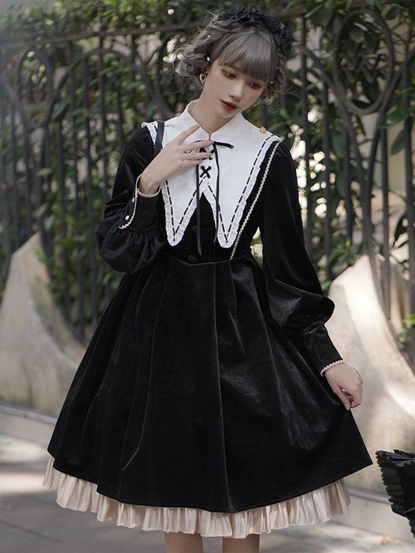 Miss Lily Removable Collar Long Sleeves Black Lolita Dress OP
