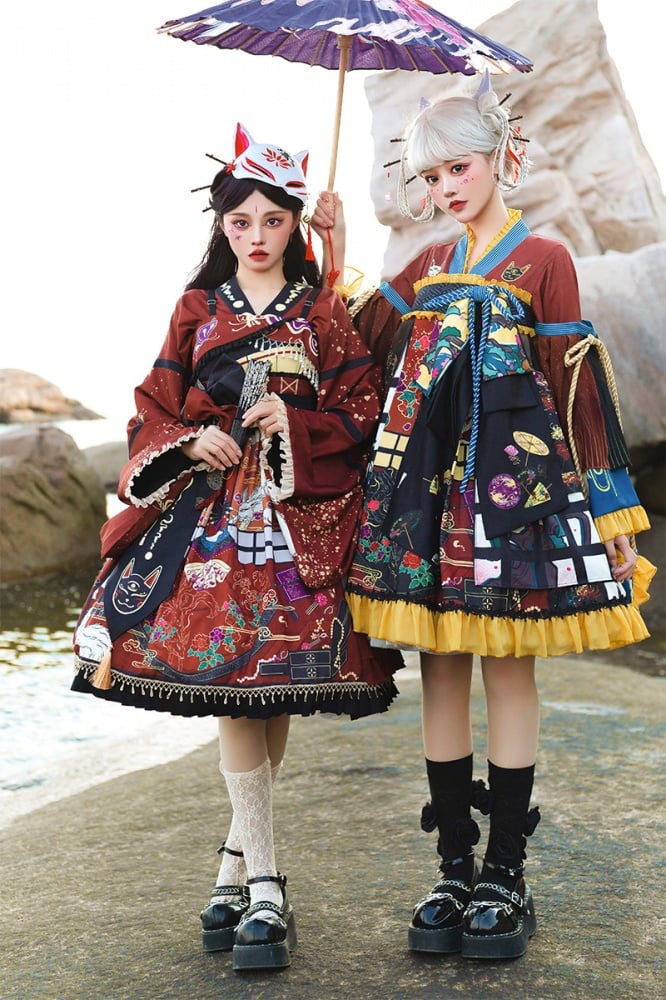 Fox Geisha Wide Sleeves Haori / Flounce Hemline Wa Lolita Dress JSK Set