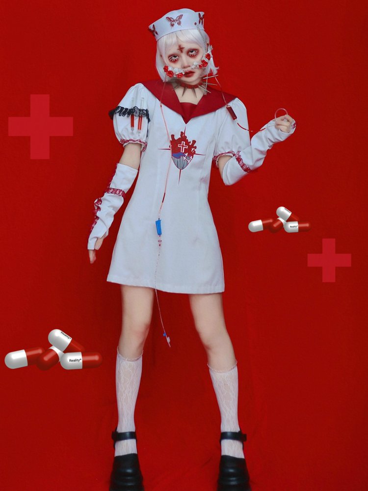 Halloween Gothic Short Puff Sleeves Nurse Dress