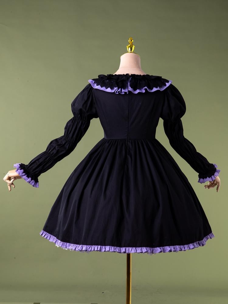 Purple Witch Round Neckline with Flounce Virago Sleeves Ruffled Hem Lolita Dress OP with Pockets on Both Sides