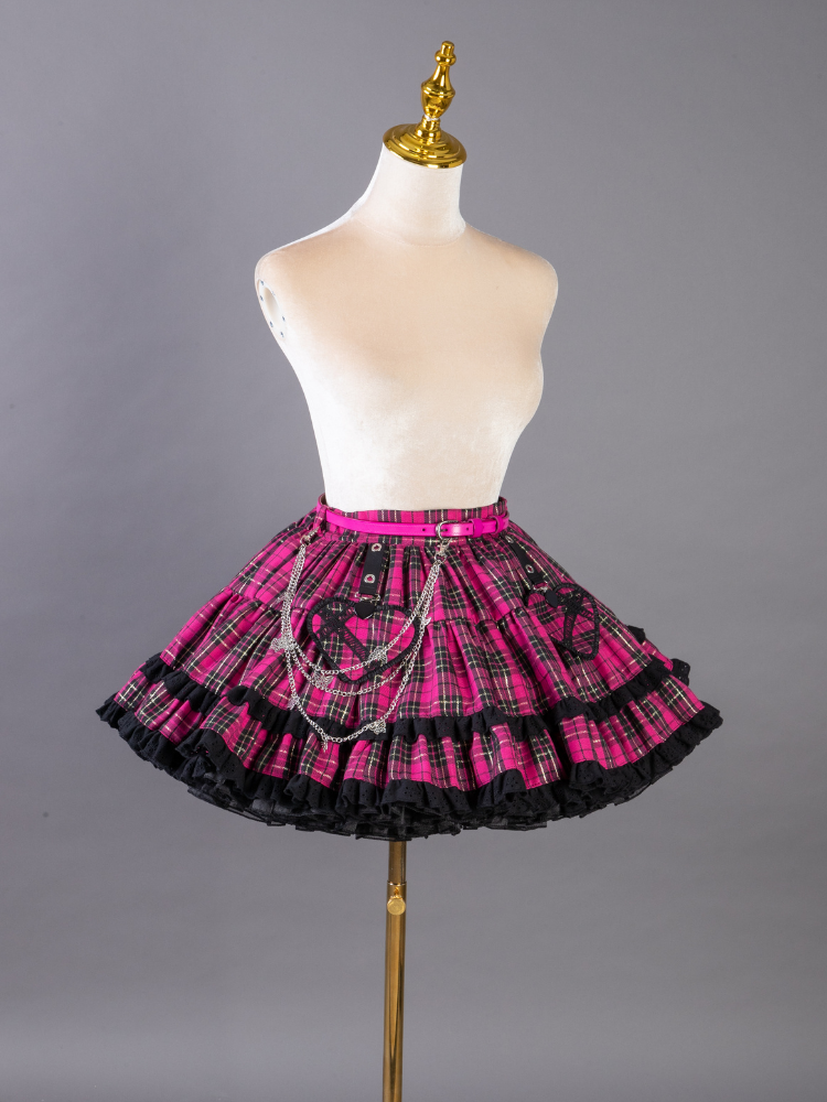 Ready to Ship - Fuchsia Pink Heart Shaped Drops Decorated Cool Plaid Skirt with Free Waistbelt - Size S-XL
